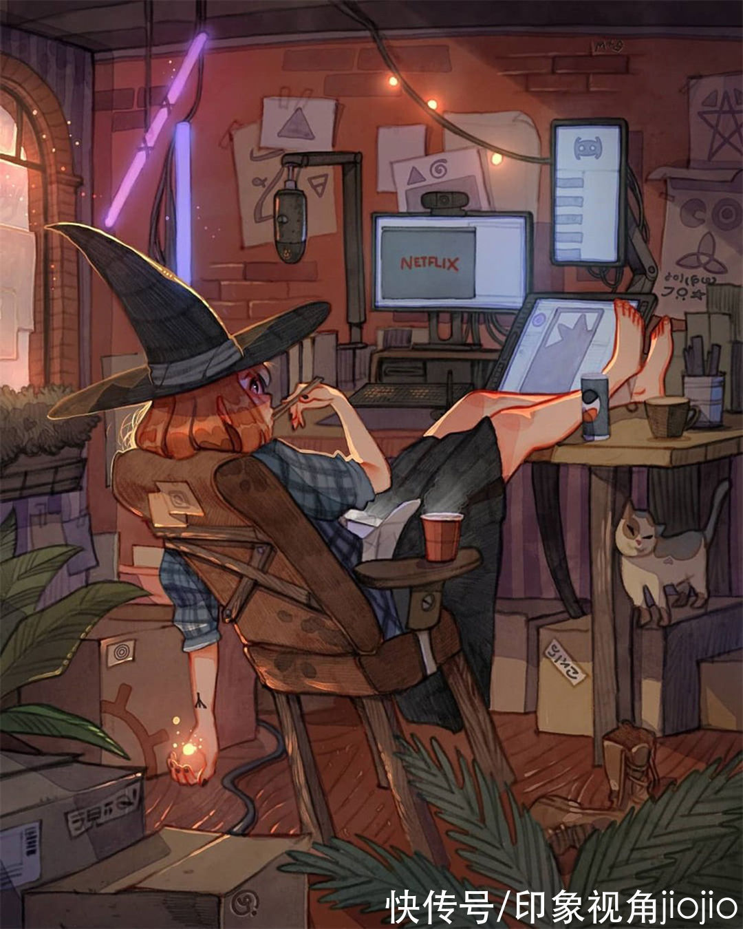 日常插画#复古风的女巫日常插画作品,猫咪灵魂陪伴设定太有爱了
