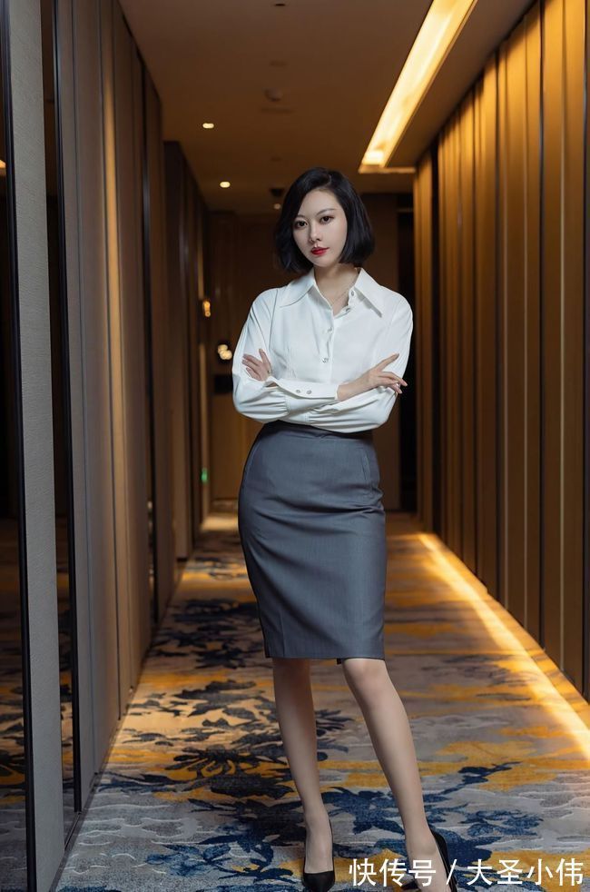 泡菜 美女穿搭:米白色衬衫下搭高级灰半身裙,再配一双高跟鞋,简约优雅干练有型