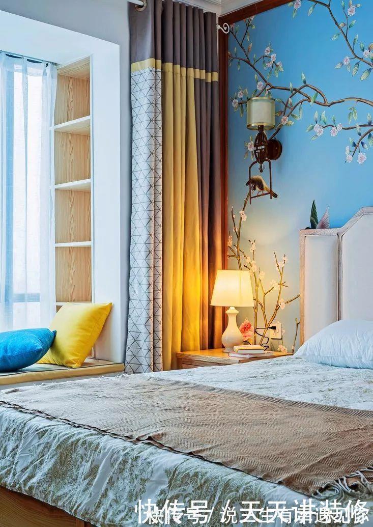 青蓝色|135平四居室,原木中式风格,文化石电视墙,又增添了些野性美