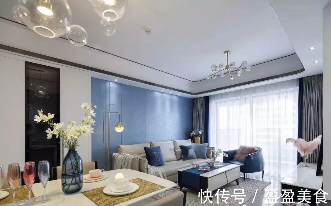 电视背景墙|125平三居室,入户和餐厅的收纳柜好能装,蓝色背景墙也超惊艳