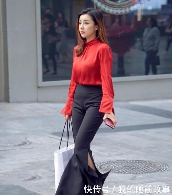 高跟鞋 气质女孩的穿搭,分叉阔腿裤与红色衬衫相搭配,造型优雅大方!