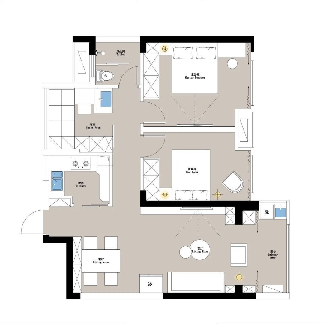 丹青色|89㎡现代简约,蓝色背景墙,搭配简约舒适软装,营造轻松时尚感
