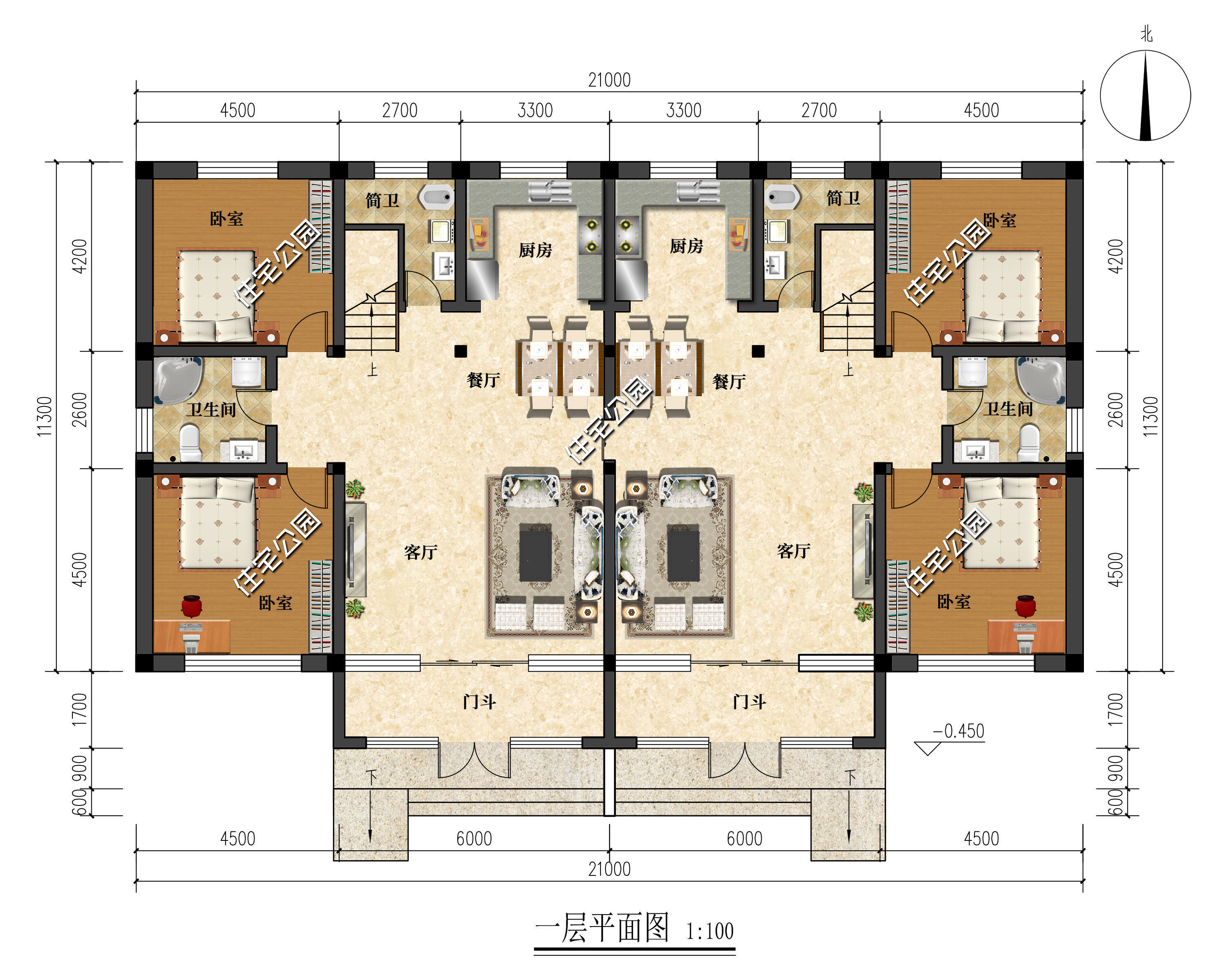 别墅|21×14米二层双拼别墅，布局简约实用，兄弟家庭的首选住宅