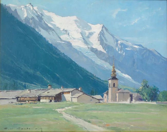 冰雪山脉$查尔斯·亨利·康坦辛(Charles Contencin)冰雪山脉风景绘画
