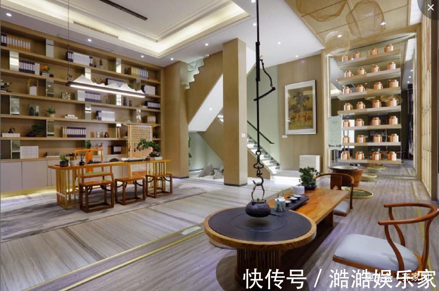 茶室|现代中式复式,花瓣式吊灯,茶室镂空置物隔断,打破中式严肃感!