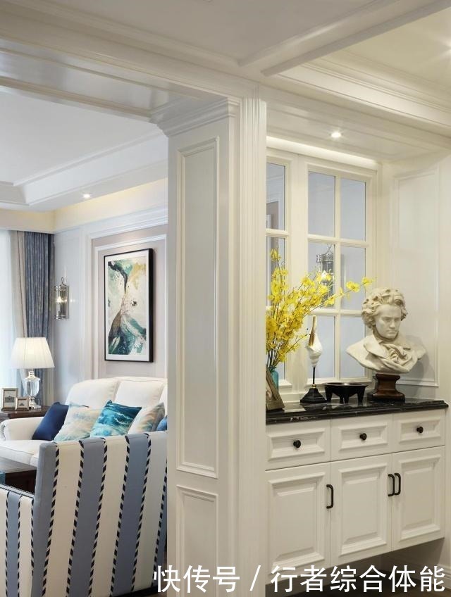 三居室|140㎡美式风格三居室,玄关装了玻璃窗让家既美观又开阔!