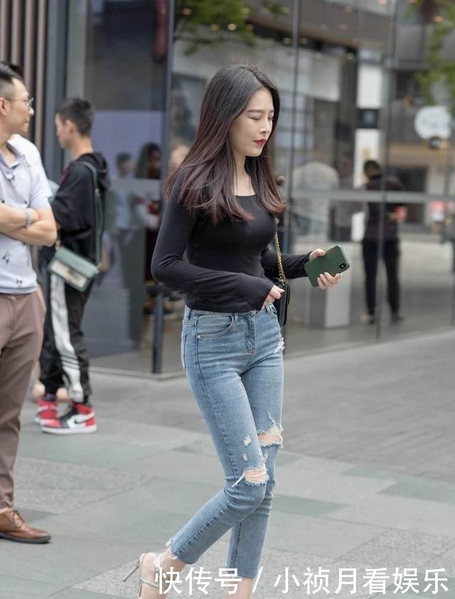 美女|洒脱的美女,破洞牛仔裤,穿着优雅洒脱的美