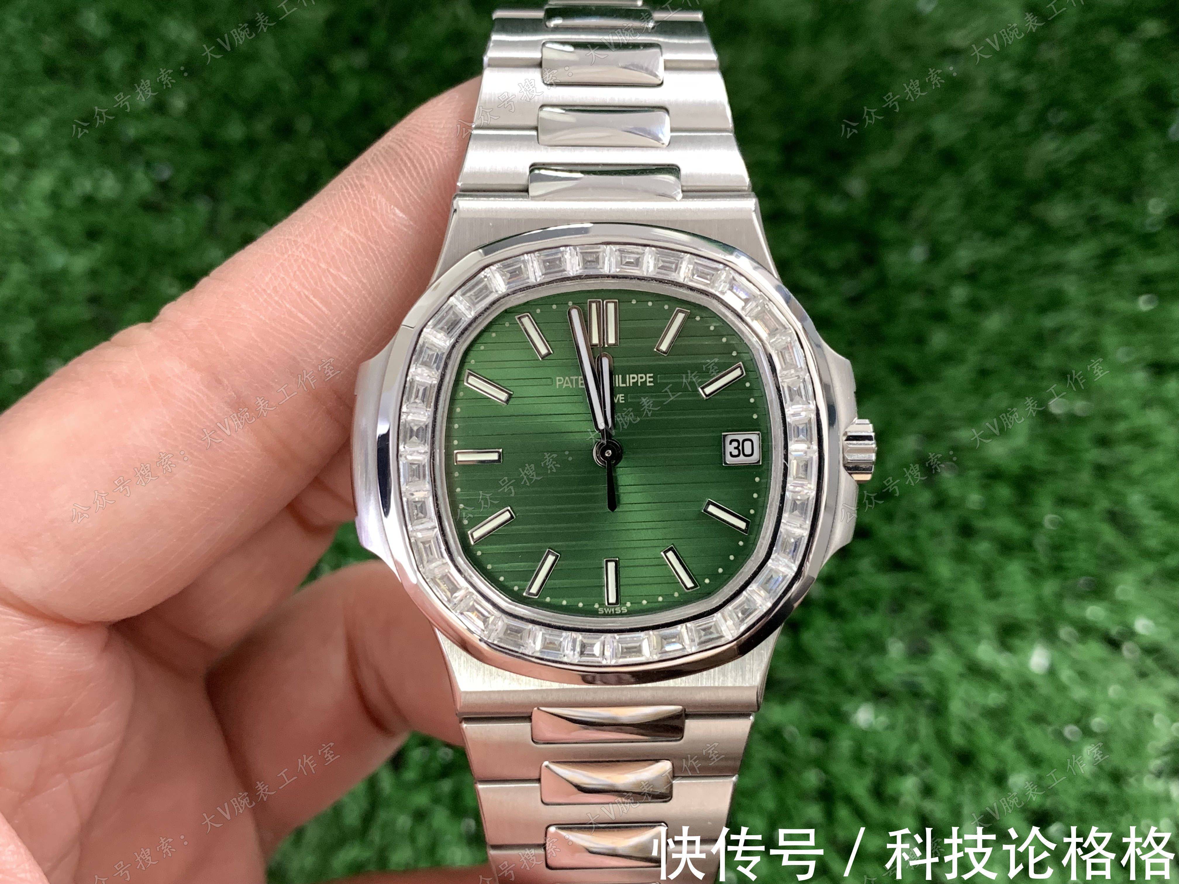 镶钻 橄榄绿色盘面鹦鹉螺改装后镶钻圈口,鹦鹉螺5711绿面无损改装后镶钻腕表!