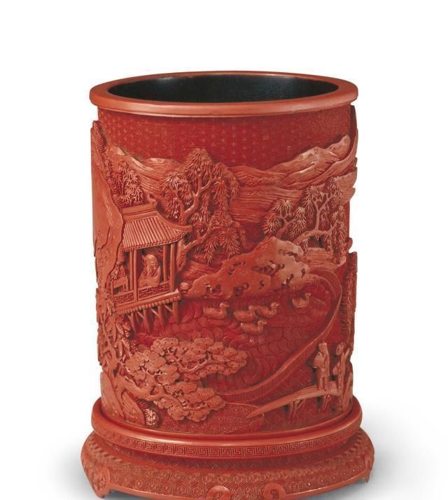 故宫博物院旧藏清代雕漆剔彩竹林七贤笔筒鉴赏