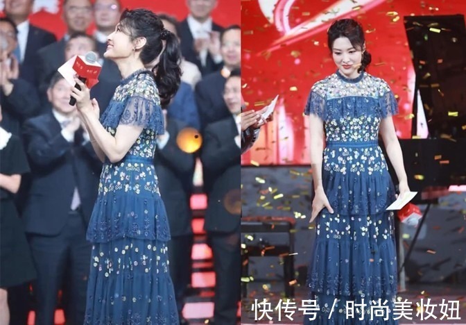 马尾|周涛这才是“逆龄生长”，一袭蓝色连衣裙配高马尾，53岁太养眼