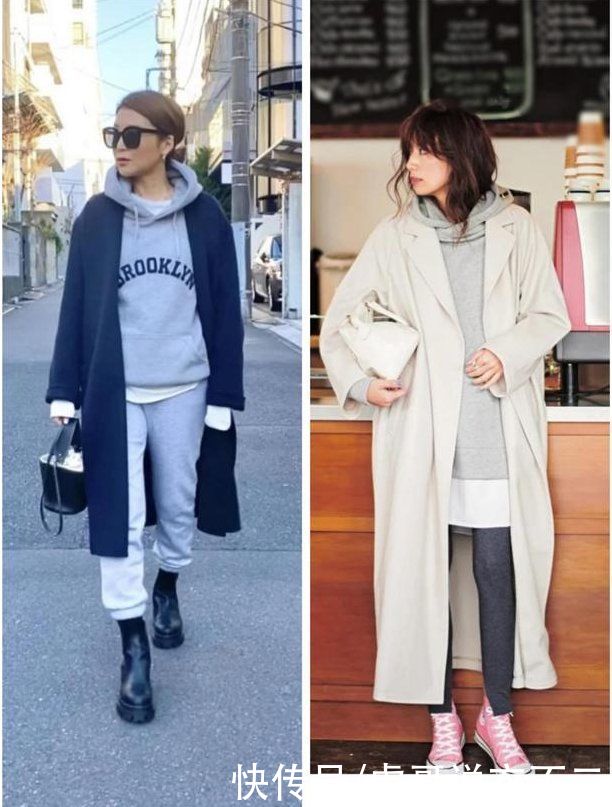 穿大衣别总搭毛衣了，卫衣才是“神仙搭档”，时髦休闲关键不挑人