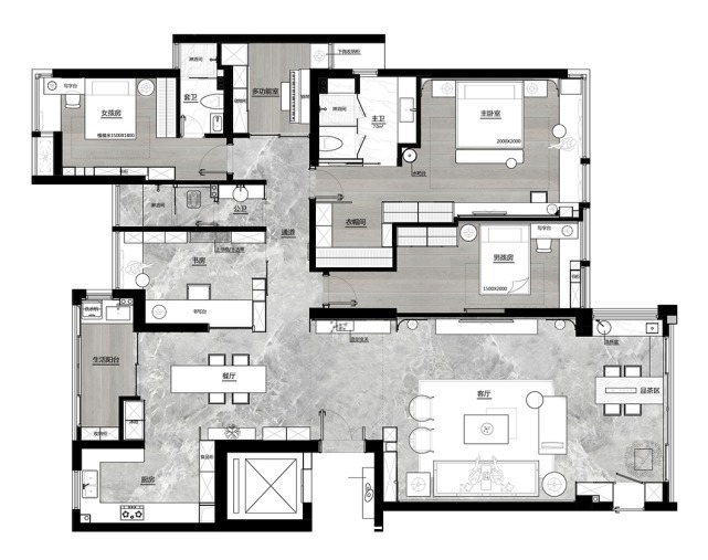 四居室|147平中式四居室,你看卧室牡丹花仙鹤背景墙俗气吗