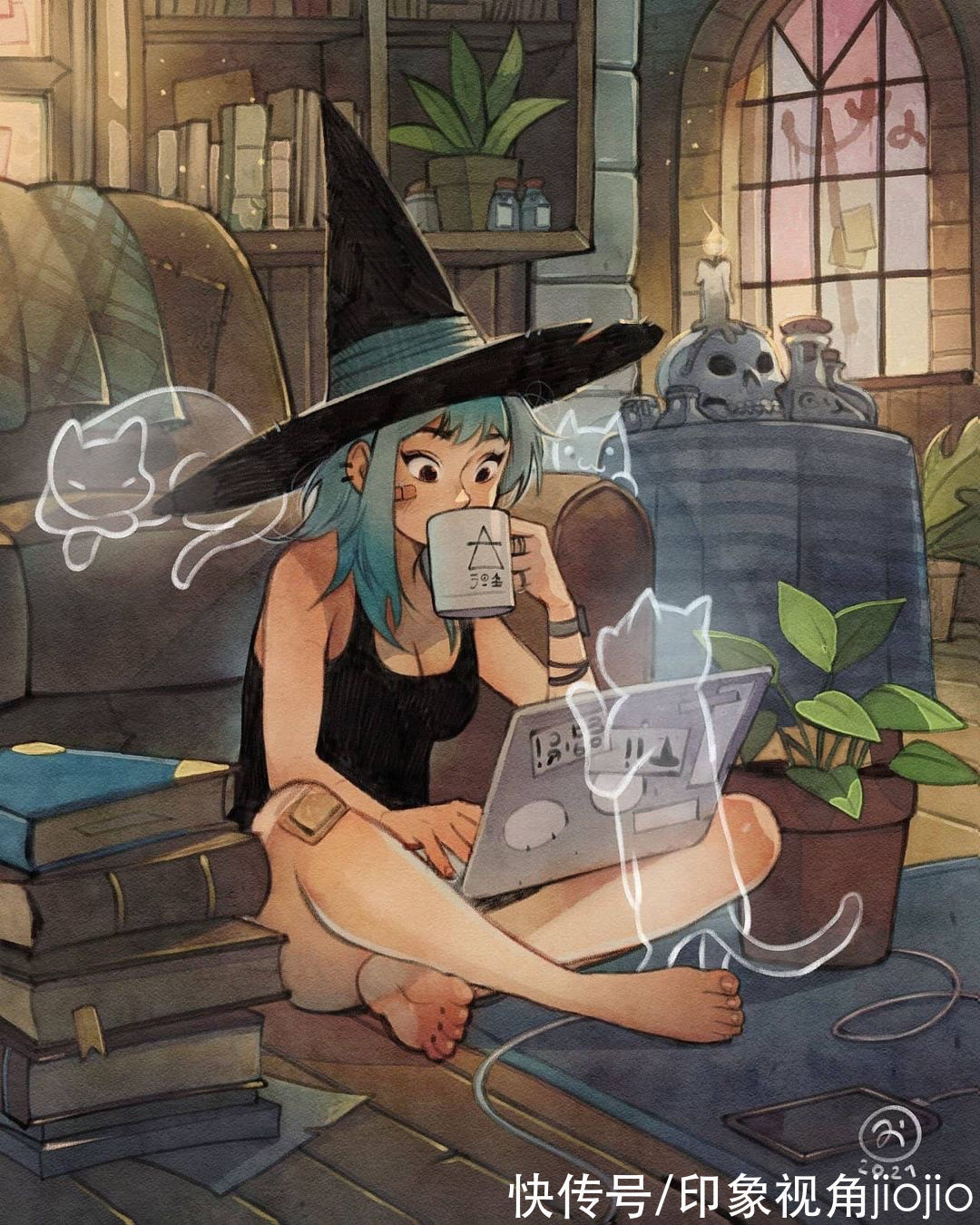 日常插画#复古风的女巫日常插画作品,猫咪灵魂陪伴设定太有爱了
