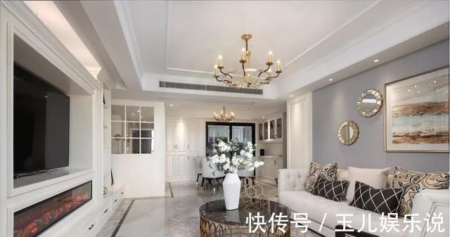 电视背景墙|153平轻奢浪漫美式四居,过道处设计了一排柜子,美观实用又大气