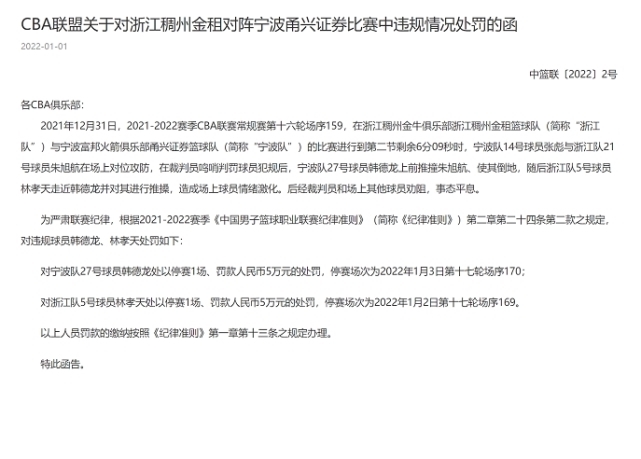 朱旭航|CBA新年首张罚单!浙江宁波多人冲突 各有一悍将被停赛1场罚款5万