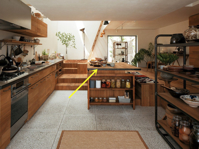 地台|看上日本的下沉厨房,围着岛台抬高50cm做阶梯地台,1地3用