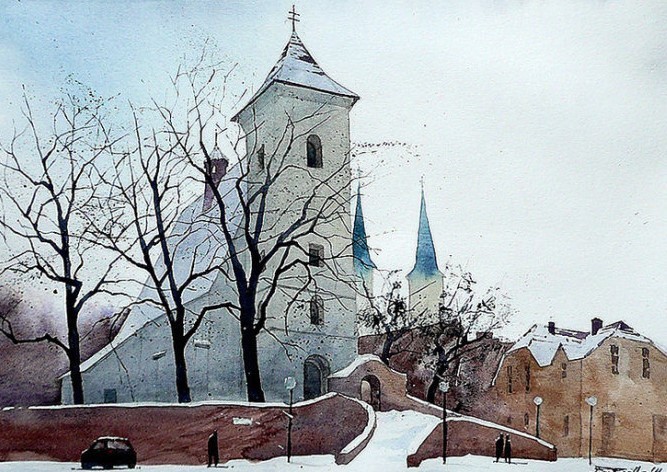 水彩画@波兰水彩画家拉法尔的街市景观画,耐看!