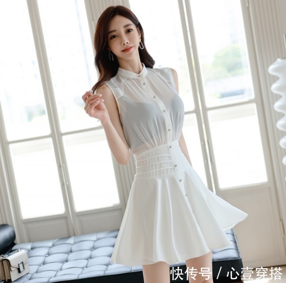 孙允珠|女神孙允珠高清时尚搭配：光系梦幻牛奶萱白无袖衬衣裙