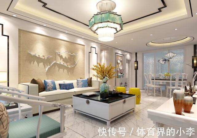 新中式|260平新中式四居室,客厅采用回字形吊顶,加中国元素点缀