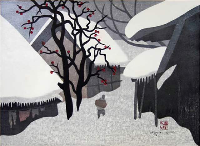 版画!日本近代版画大师斋藤清冬日雪景系列版画作品