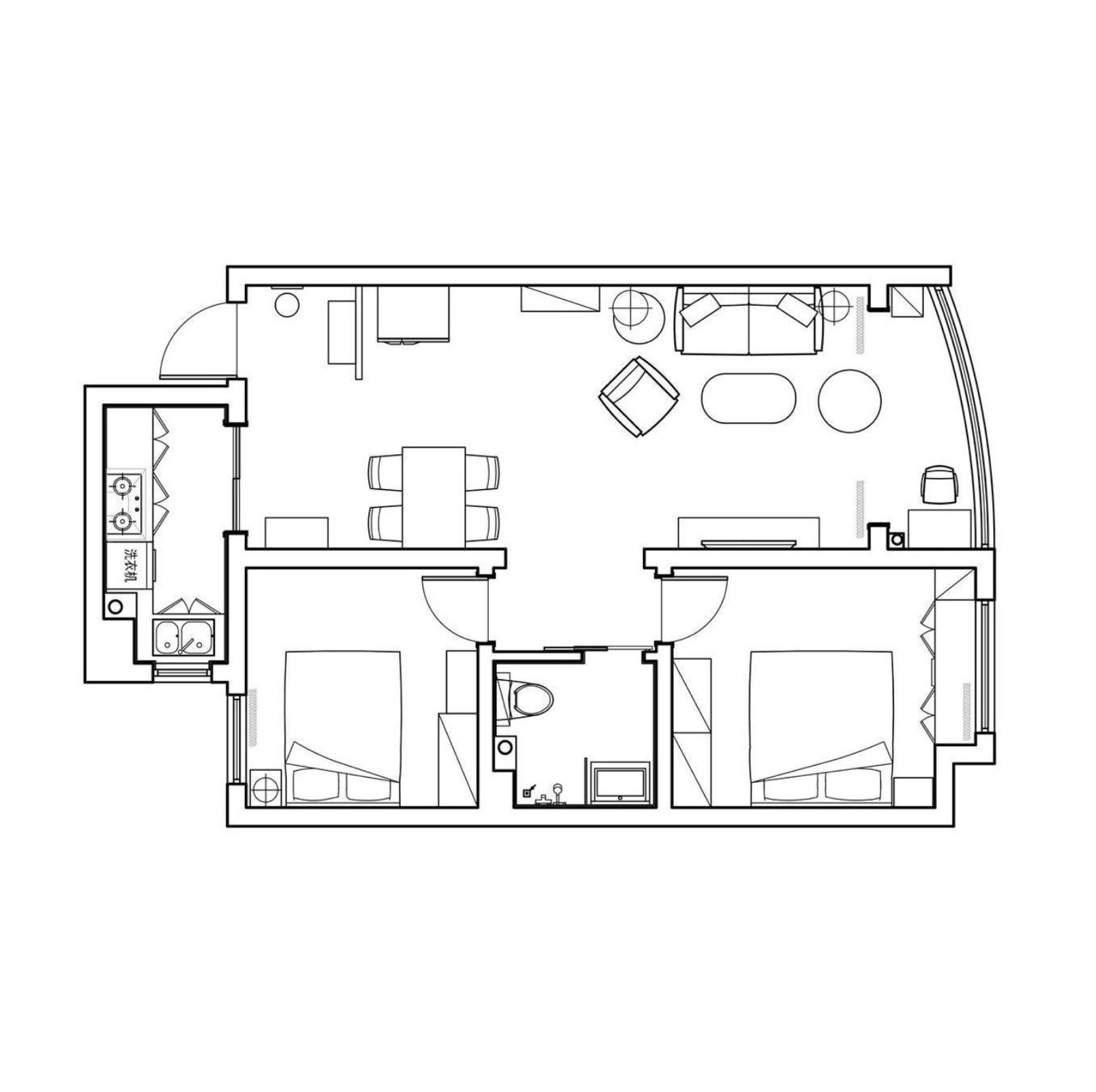 三居室|121平日剧三居室,黄色的懒人沙发与绿植给客厅增添了抹亮色