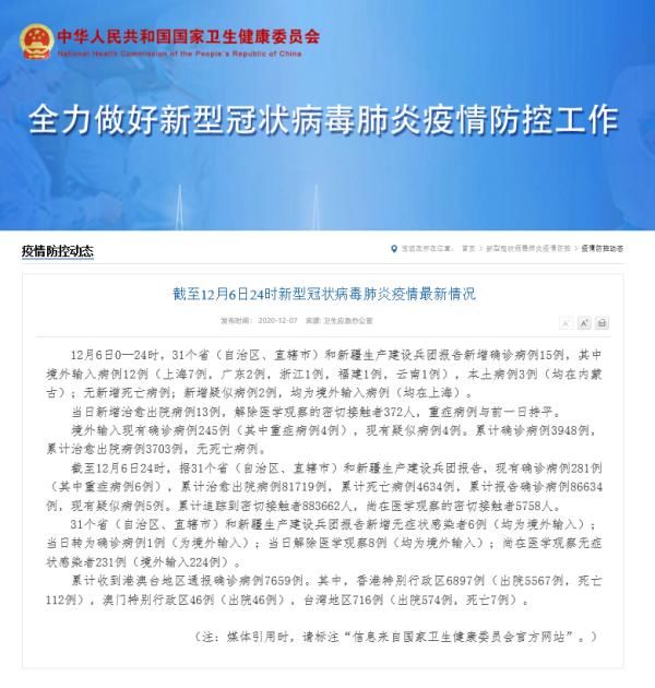  确诊|12月6日新增确诊病例15例，其中本土病例3例