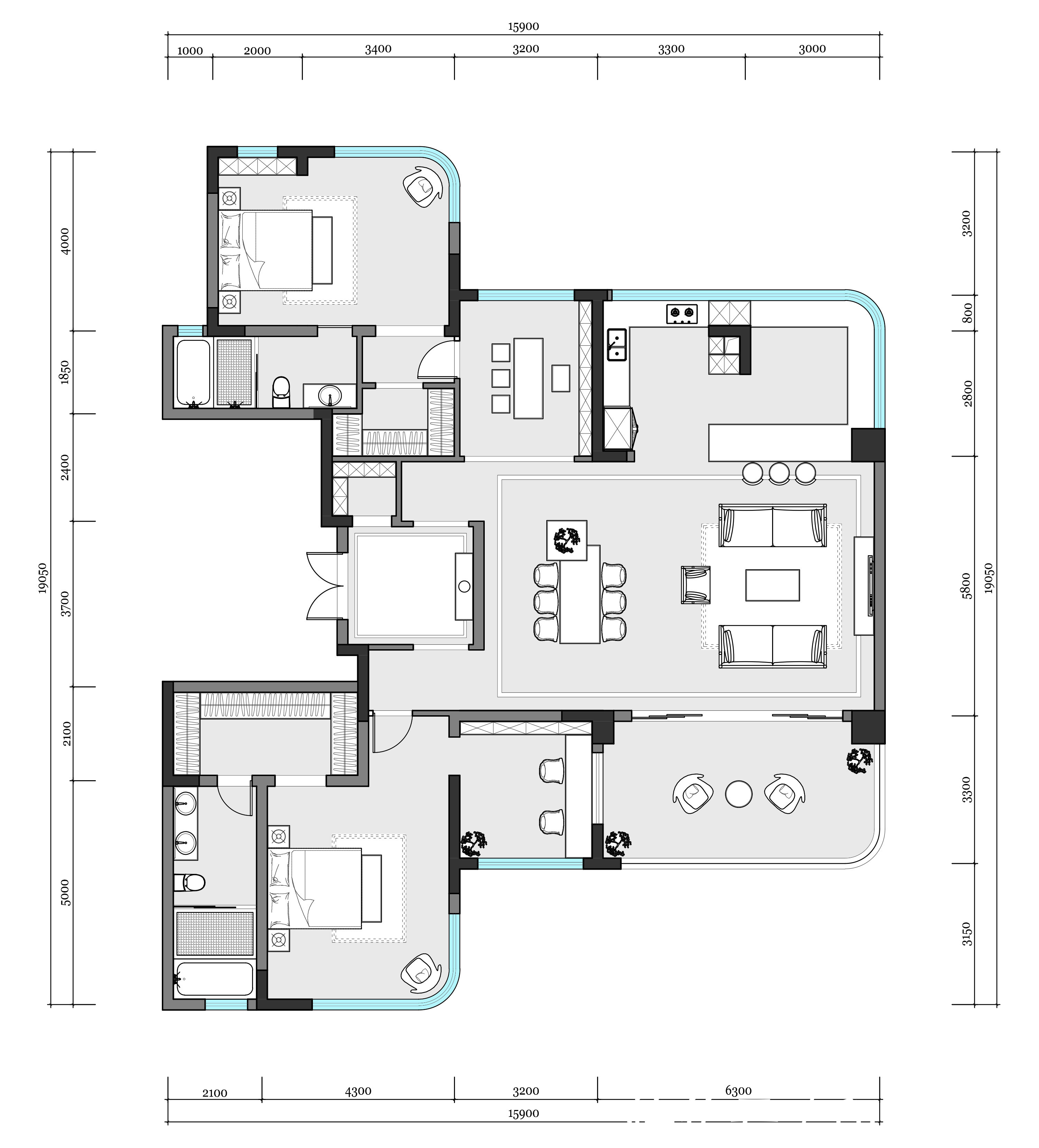 对称|4室改2室,205㎡新中式大平层