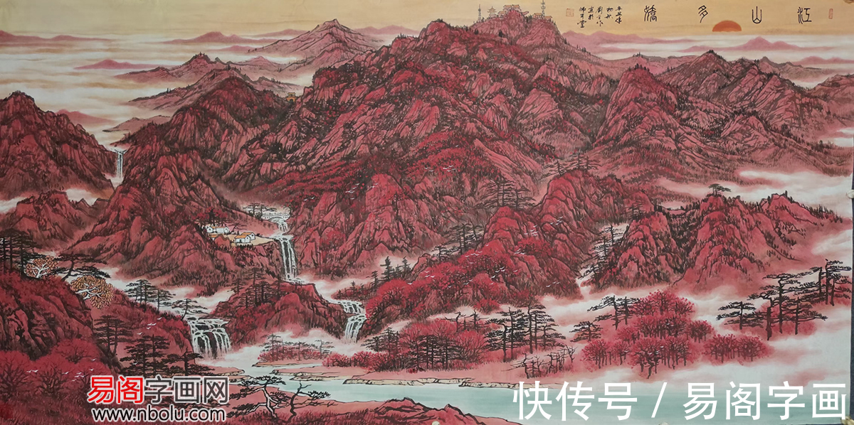 色调！刘首作山水画欣赏 红山红日红土地 为祖国山河描红画彩