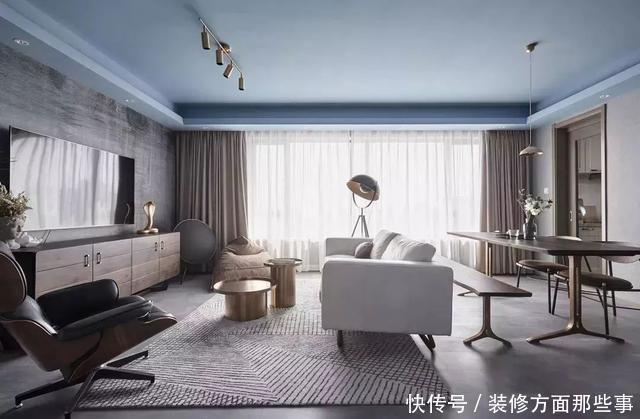 吊顶|108㎡现代三居室，蓝色吊顶，水泥背景墙，时尚有格调的新家