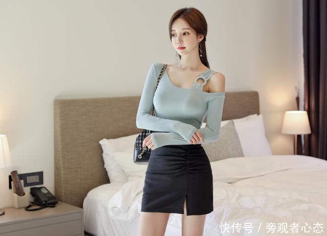 青石|最美孙允珠,青石魅蓝邦扣长袖衫,搭配皱褶包臀裙