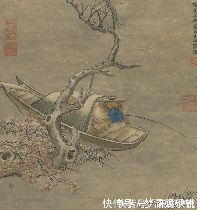 文徵明#500年前的一幅古画,老人江中钓鱼,却被乾隆盖了10多个章
