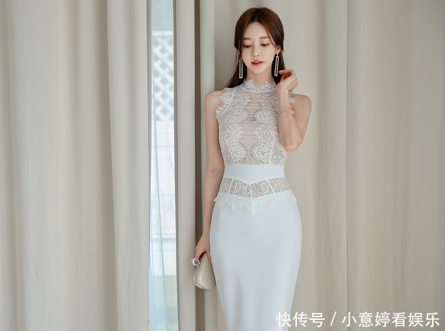 层叠对称花纹薄纱雪纺无袖包臀裙，突显孙允珠优雅气质