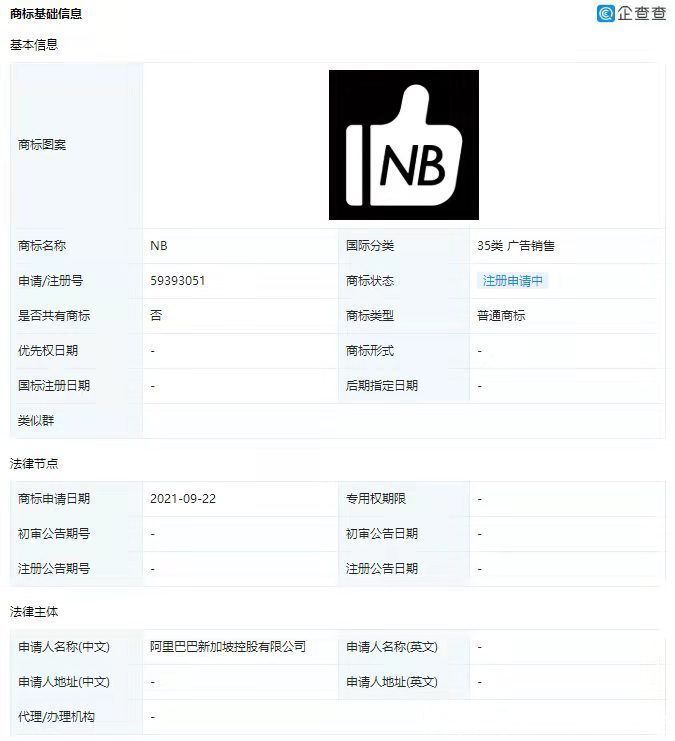 图形|阿里巴巴申请NB图形商标，商标图案为点赞手势