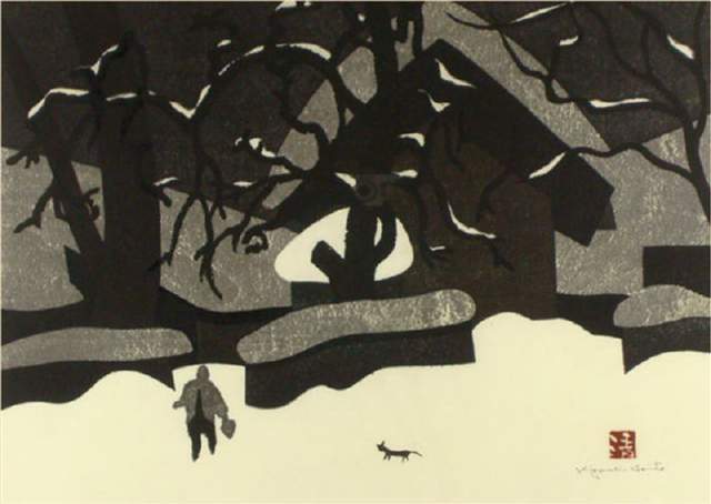 版画!日本近代版画大师斋藤清冬日雪景系列版画作品