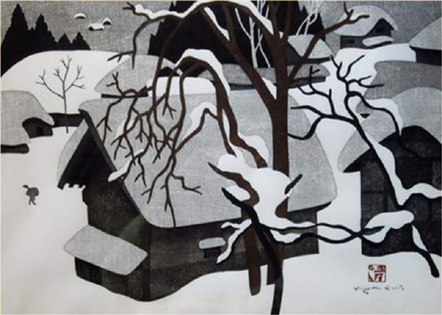版画!日本近代版画大师斋藤清冬日雪景系列版画作品