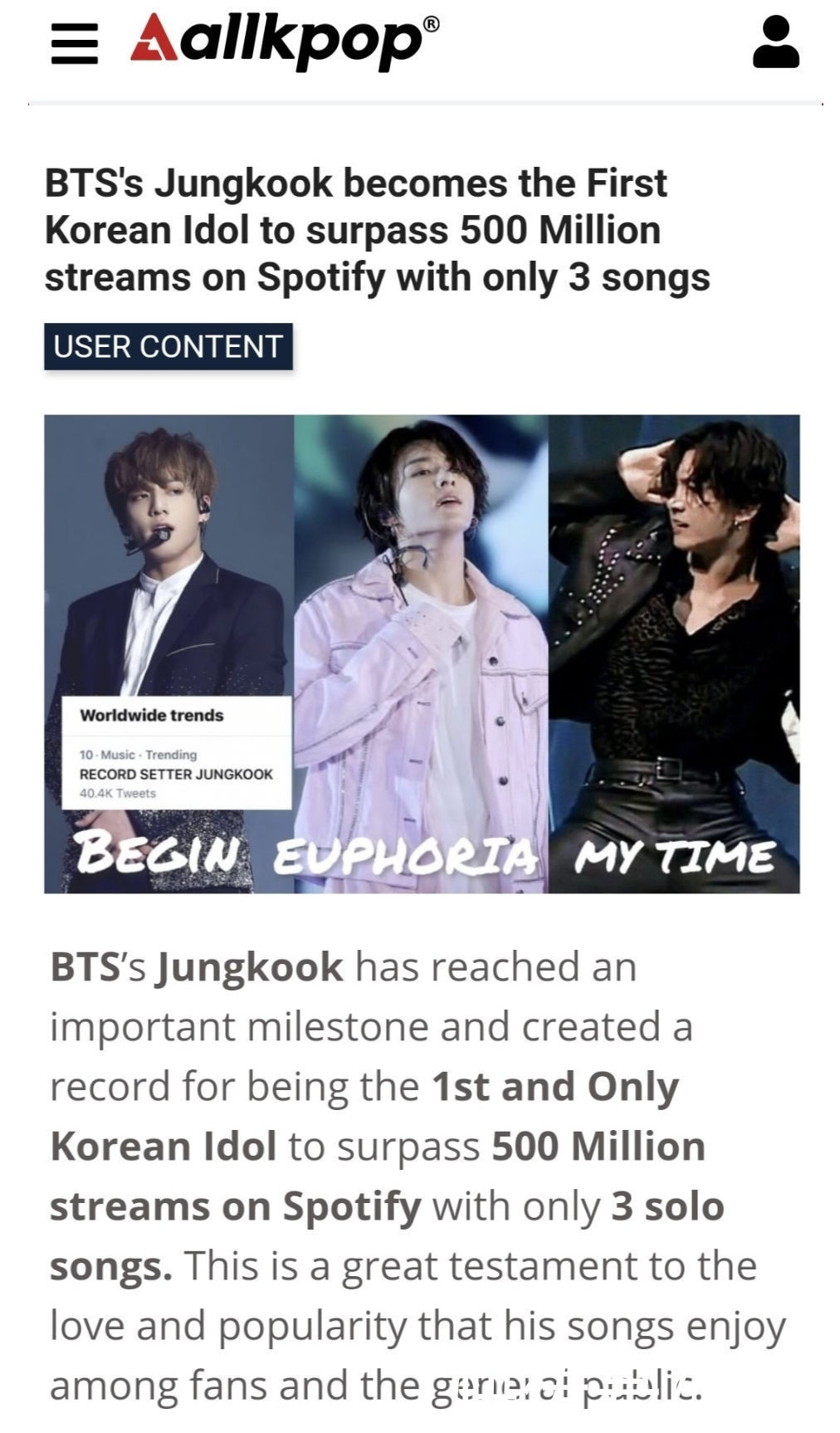 begin|210824 美媒“BTS柾国凭借3首歌曲在Spotify突破5亿流媒的首位韩国偶像”