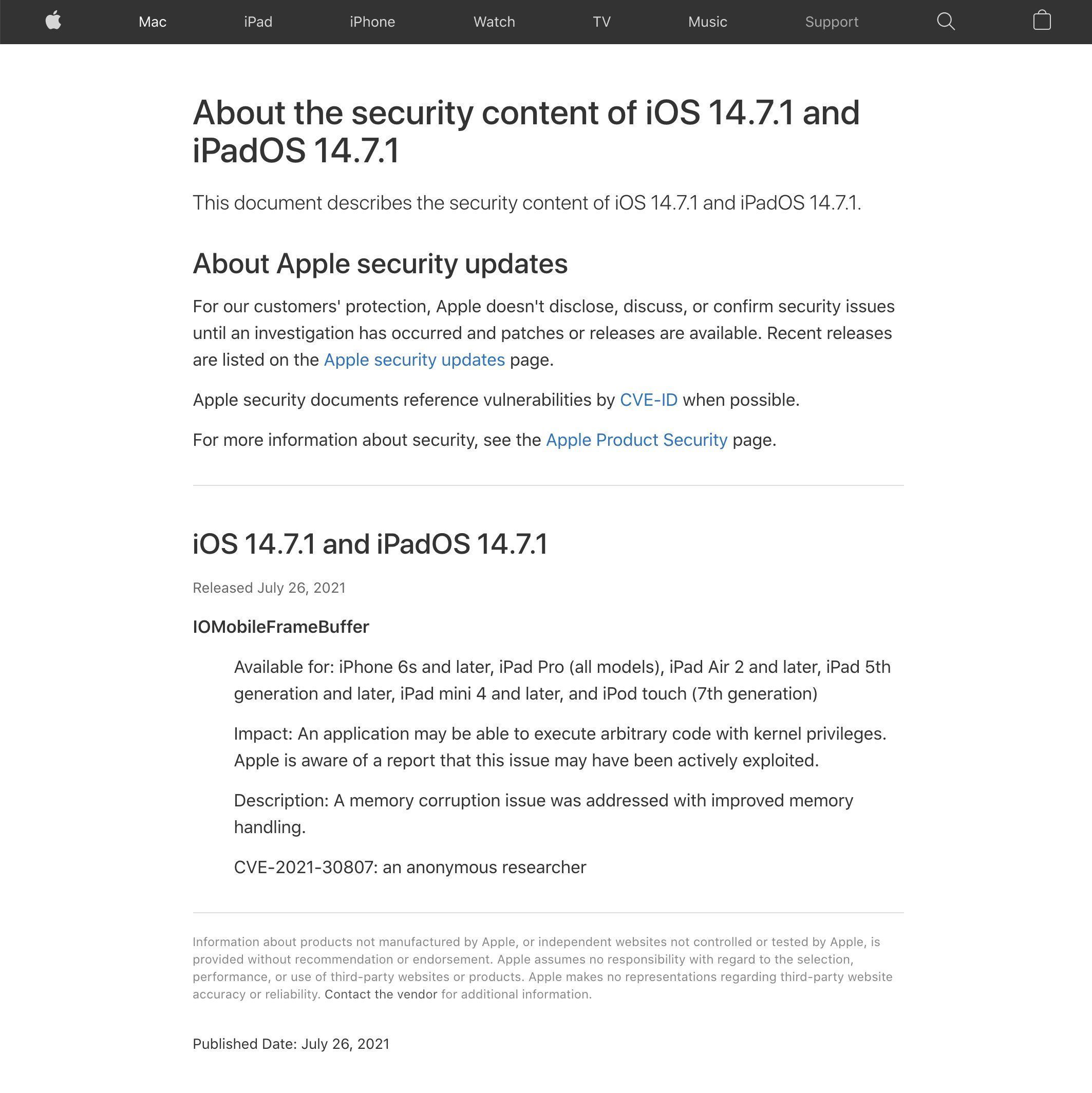 os|苹果推送 iOS/iPadOS 14.7.1，修复了 Bug 和零日漏洞