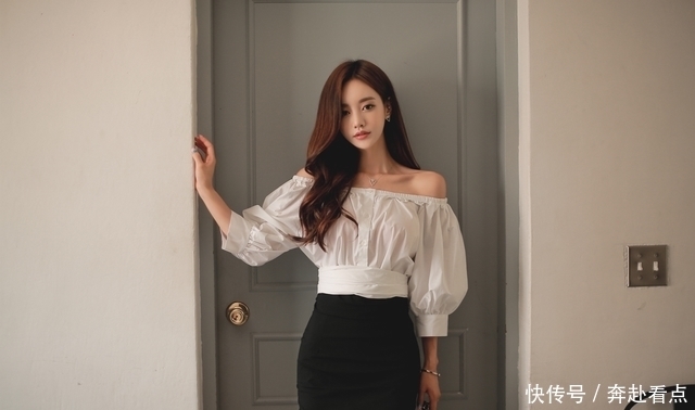 孙允珠高清美图:一字领肩香气名媛灯笼袖衬衫