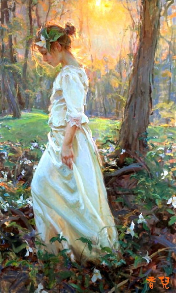 油画$美国画家丹尼尔 典雅柔美的光影女子油画
