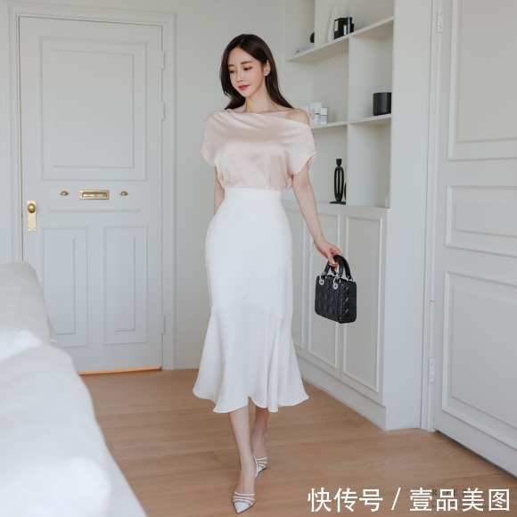 时尚|女神孙允珠时尚搭配:荧光驼色淡粉斜肩白瓷鱼尾裙