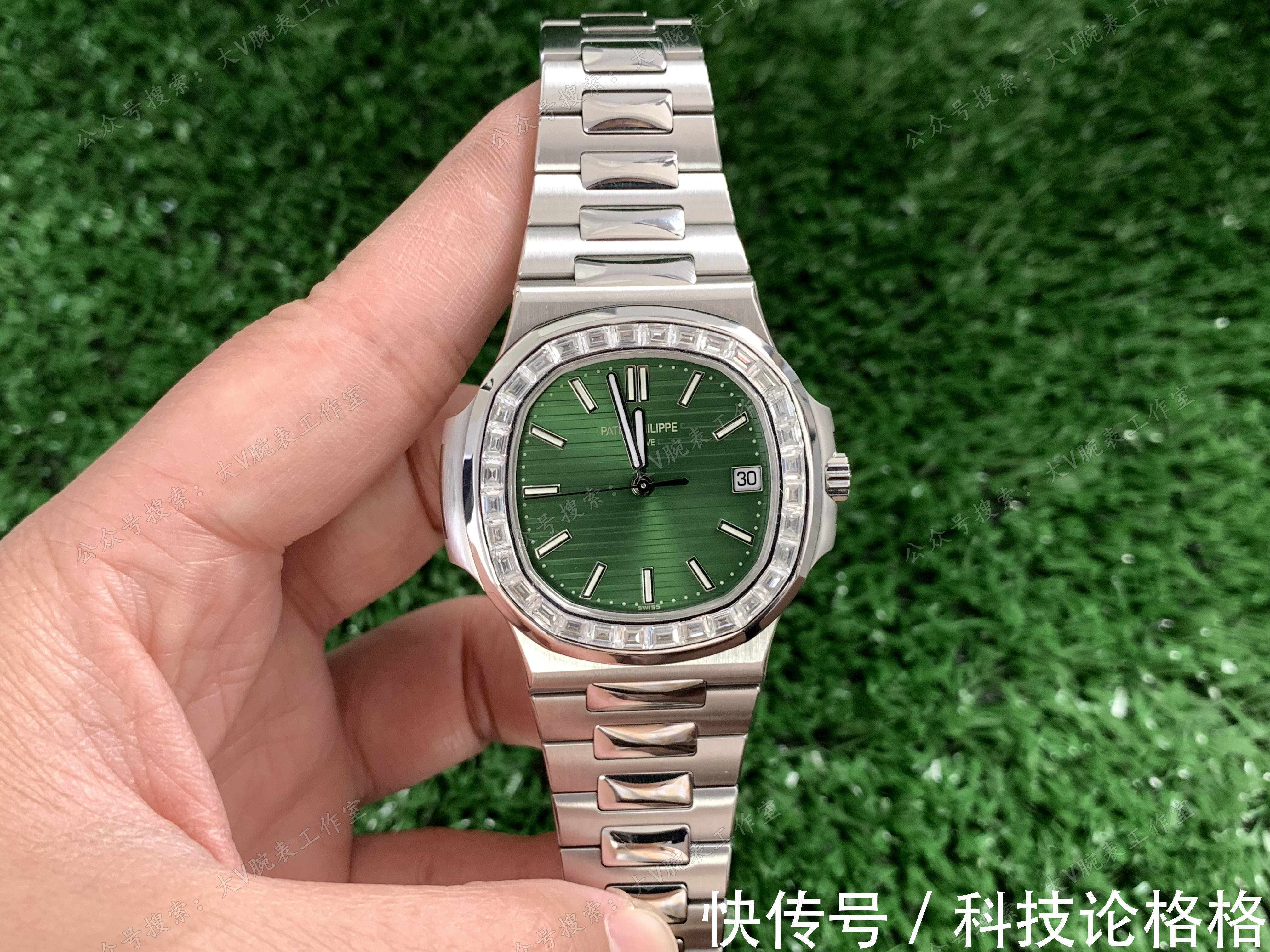 镶钻 橄榄绿色盘面鹦鹉螺改装后镶钻圈口,鹦鹉螺5711绿面无损改装后镶钻腕表!