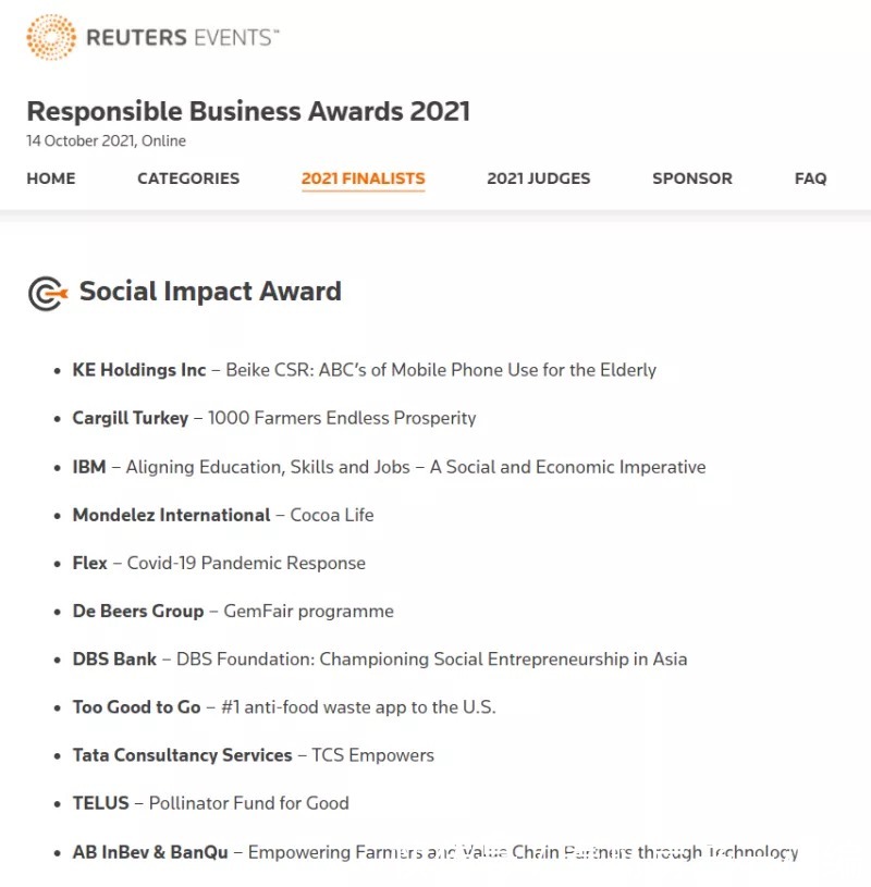 责任|贝壳入围路透社“2021年全球商业责任大奖”