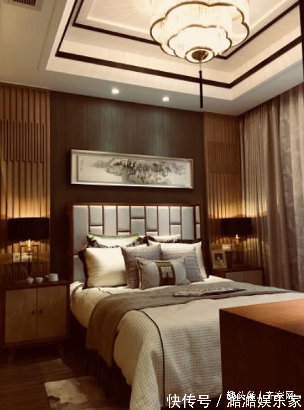 茶室|现代中式复式,花瓣式吊灯,茶室镂空置物隔断,打破中式严肃感!