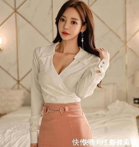 艾米 显瘦，机具气质，时尚V领白色衬衫配长裙穿搭