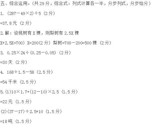 测试卷|人教版小学数学五年级上册期末测试卷