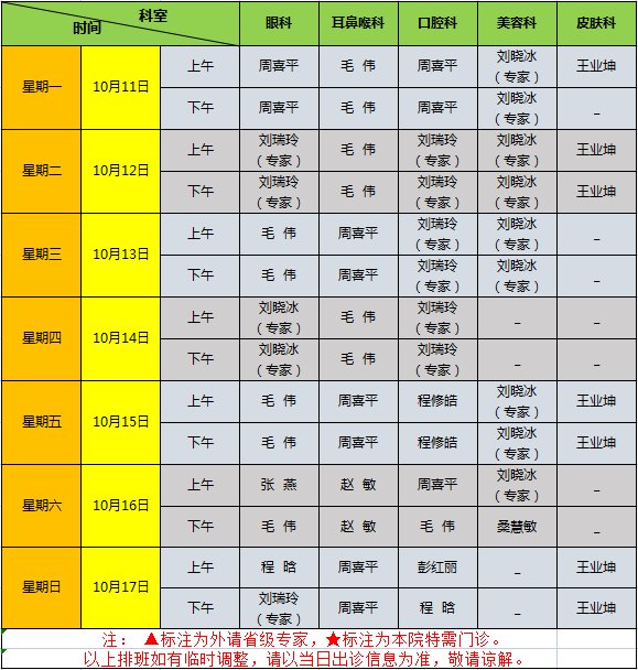 排班|菏泽市第二人民医院门诊排班(10月11日至10月17日)