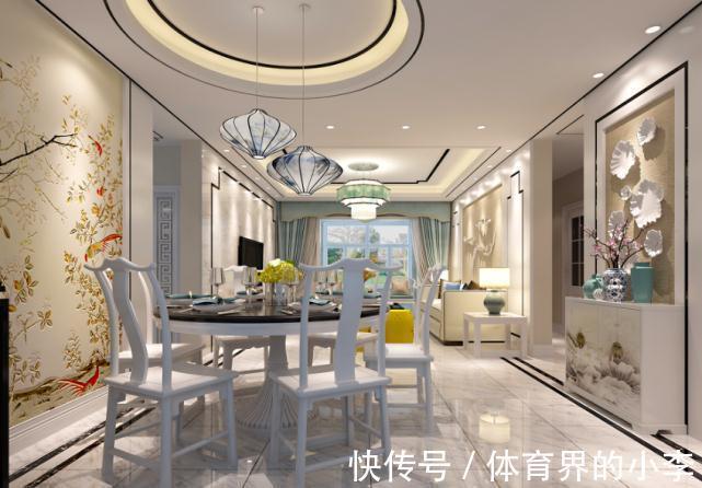 新中式|260平新中式四居室,客厅采用回字形吊顶,加中国元素点缀