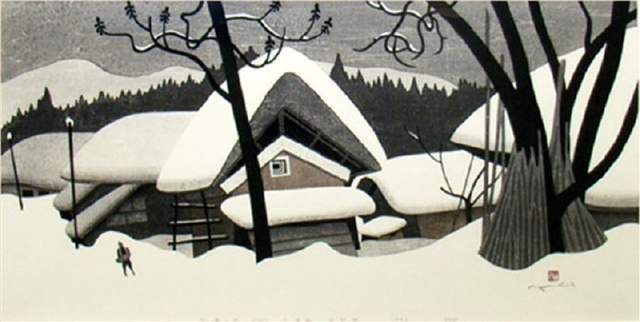 版画!日本近代版画大师斋藤清冬日雪景系列版画作品