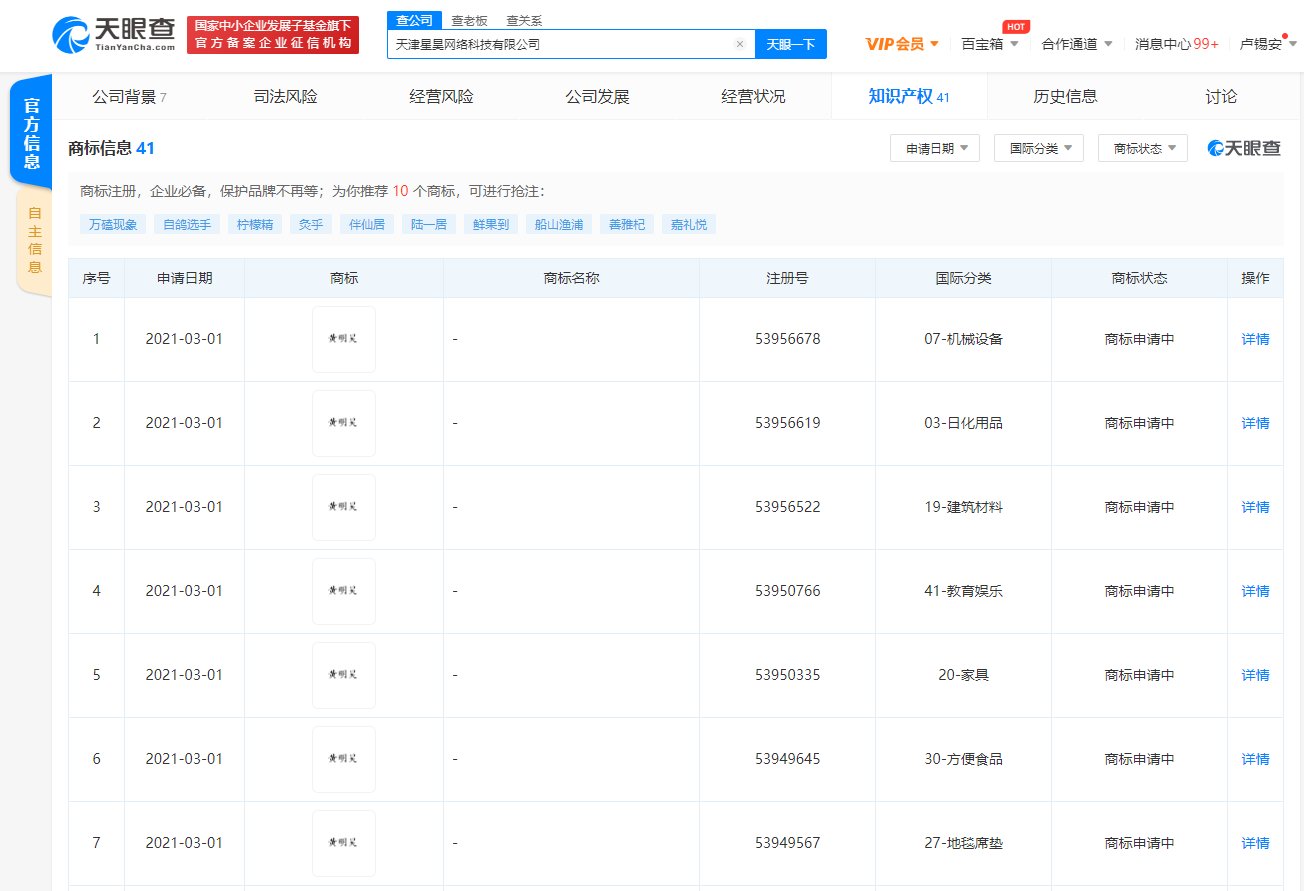 天津星昊网络科技有限公司申请注册“黄明昊”商标