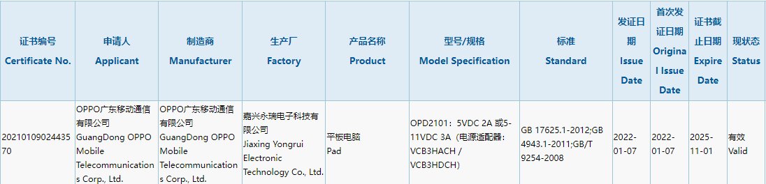 oppo|OPPO 首款平板电脑通过 3C 认证，支持 33W 快充